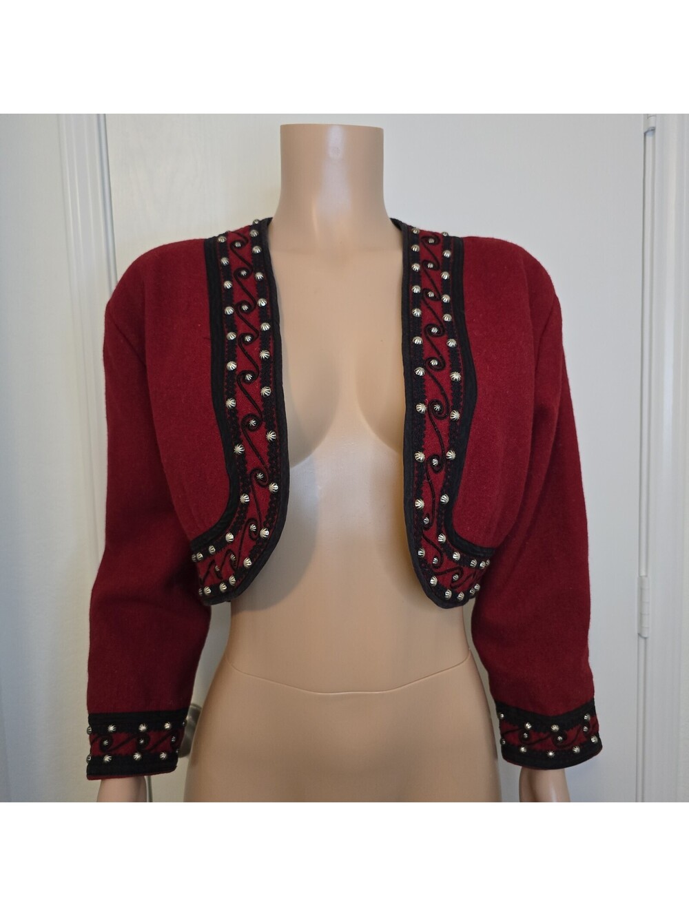 VTG Western Studded Bolero Crop Jacket Size M Red 100% Wool